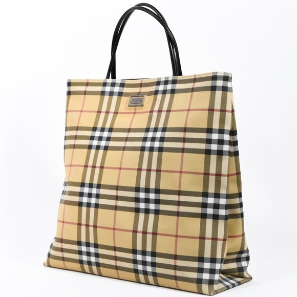 Burberry Nova Check Coated Canvas Leather Tote Bag Plaid - Picture 3 of 5